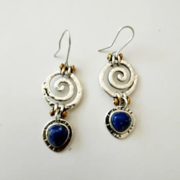Natural Blue Lapis Lazuli Boho Ethnic Antique Silver Dangling Earrings - NWT - Picture 11 of 12